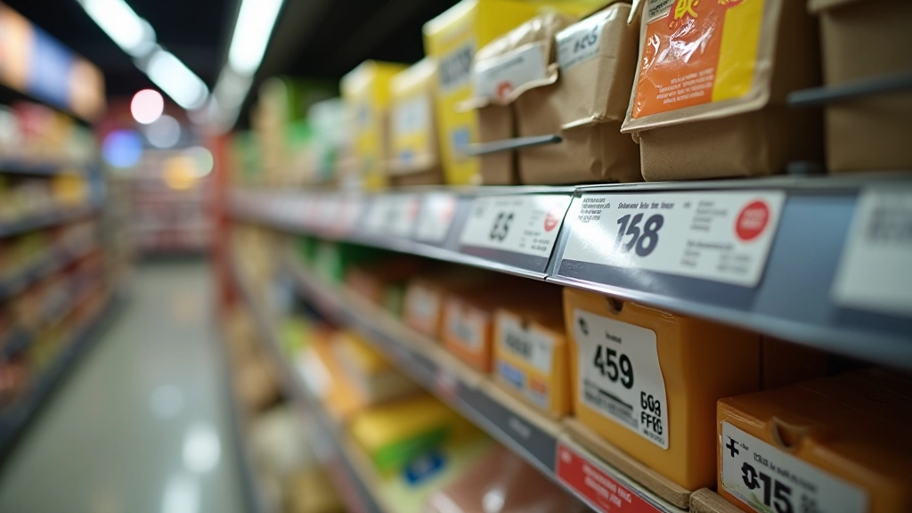 Gros plan sur les étiquettes de prix au supermarché avec code-barres et comparaison de tarifs