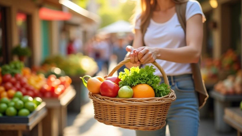 Famille faisant les courses au marché avec panier rempli de fruits et légumes frais