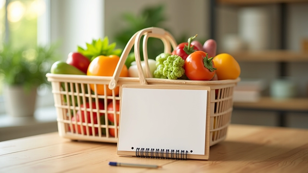 Panier de courses rempli d'aliments frais avec liste d'achat papier sur fond bleu