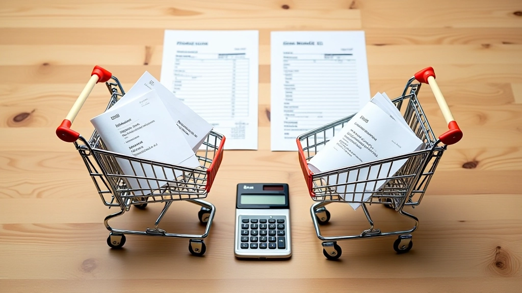 Vue aérienne de deux caddies côte à côte avec reçus de caisse et calculatrice pour comparaison de prix