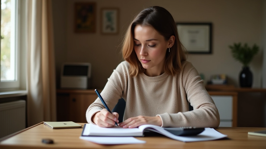 Personne prenant des notes sur les revenus mensuels avec calculatrice et documents