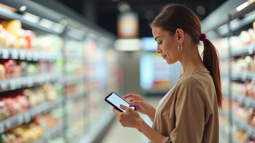 Femme utilisant son téléphone mobile pour scanner des codes-barres et comparer les prix en magasin