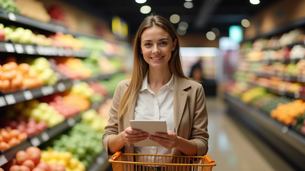Femme faisant ses courses au supermarché avec liste d'achat et panier